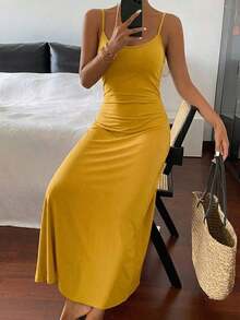 YHHLivesso Vestido largo de verano de estilo casual de vacaciones en la playa de unicolor para mujerYHH - Amarillo - Ver 5