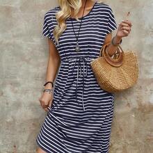 Women's Casual Striped Drawstring Waist Mid-Length Dress, Vacation Wear - Multicolor - Ver 5