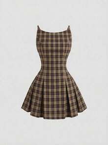 Elegante vestido mini ajustado sin mangas con estampado de cuadros - Marrón - Ver 7