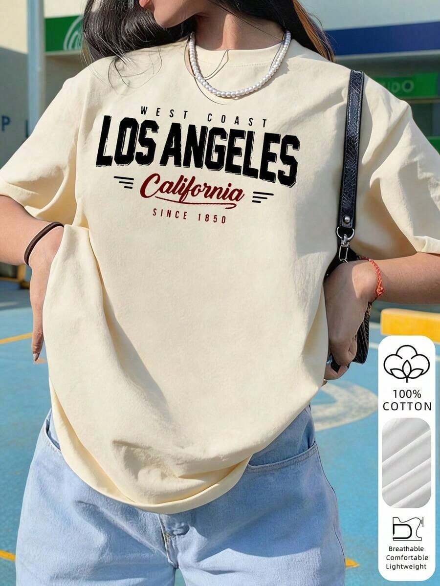 Casual, Loose-Fitting, Short-Sleeved T-Shirt With A Round Neck, Featuring A Los Angeles Slogan Print, Perfect For Everyday Wear And Holidays. - 杏子 2 - 查看 1