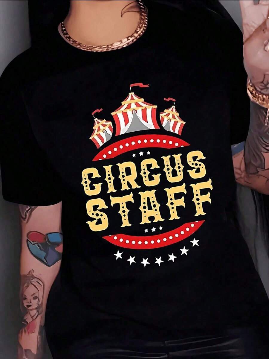 Gráficos de carpas de circo con banderas y estrellas que evocan diversión festiva y ambiente artístico en camiseta para mujer 100% algodón - Negro - Ver 1