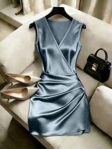 Vestido ajustado con cuello en V sin mangas, cintura fruncida e irregular, vestido de satén para mujer, vestido de primavera/verano para mujer, vestido elegante de fiesta para mujer, atuendo de vacaciones para mujer, atuendo del Día de San - Celeste - Ver 7