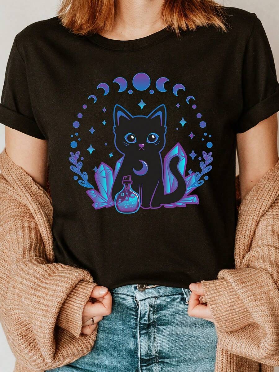 Women's Kawaii Goth Witchy Black Cat T-Shirt - Crystal Alchemy Goth Subculture Top, Short Sleeve Round Neck Casual Summer Spring, Kawaii Cat Ladies Clothing - 黑色 - 查看 1