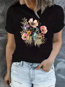 Plus Size, Women's Plus Size Letter Print Short Sleeve Crew Neck Casual Top For Summer And Spring, Fashion Printed Casual T-Shirt, Lightweight Relaxed Fit Plus Size Ladies Top - 黑色 - 查看 1