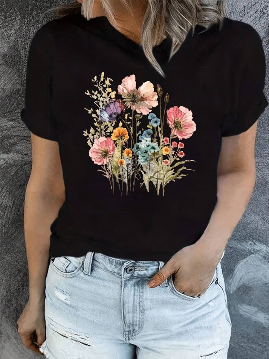 Plus Size, Women's Plus Size Letter Print Short Sleeve Crew Neck Casual Top For Summer And Spring, Fashion Printed Casual T-Shirt, Lightweight Relaxed Fit Plus Size Ladies Top - 黑色 - 查看 1