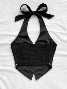 Top corto para mujer estilo bohemio sin mangas con diseño de espalda de tirantes, cuello halter con diseño anudado y bordados florales, adecuado para festivales de música - Blanco y Negro - Ver 2