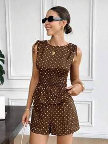 Set de 2 piezas de top corto y shorts casuales con estampado de lunares para mujer - Marrón - Ver 7