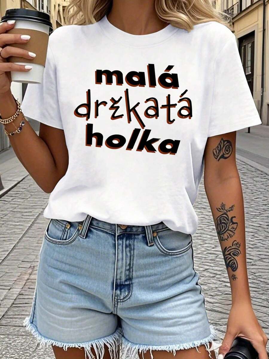 Impresión de la carta pequeña de la primavera de la mujer checa - corto de verano - tripulación de manga - cuello casual T - camiseta, estilo diario, salida diaria, regalo de vacaciones