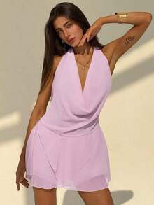 Nuevo vestido mini de verano con escote halter, espalda descubierta, cuello de pico profundo en V, asimétrico y volantes en el bajo, en color liso - Rosa - Ver 2