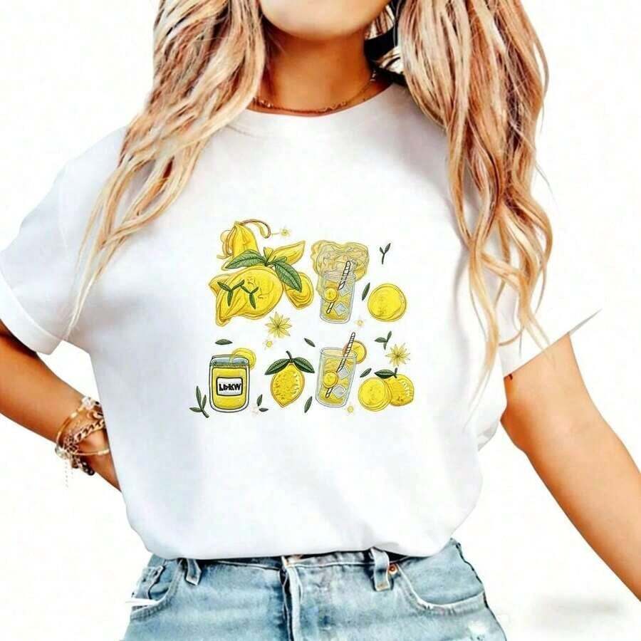 Summer T-Shirt With Lemon Print, Gift T-Shirt For Food Lovers, Nice Gift For Her, Fruit Blouse For Women, Summer T-Shirt For Ladies - Vintage Street Style, Unisex Cotton Loose Short Sleeve Round Neck T-Shirt, Blouses For Women, Women's T-Shirts, Casual Blouses For Ladies. - 白色 - 查看 1