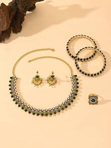 Bộ trang sức đính đá phong cách Bohemian 6 món, bao gồm vòng cổ khảm ngọc trai giả, bông tai, vòng tay và nhẫn, thích hợp làm quà tặng cho phụ nữ trong đám cưới, tiệc tùng hoặc các dịp lễ. - Bộ 6 món - Xem 8