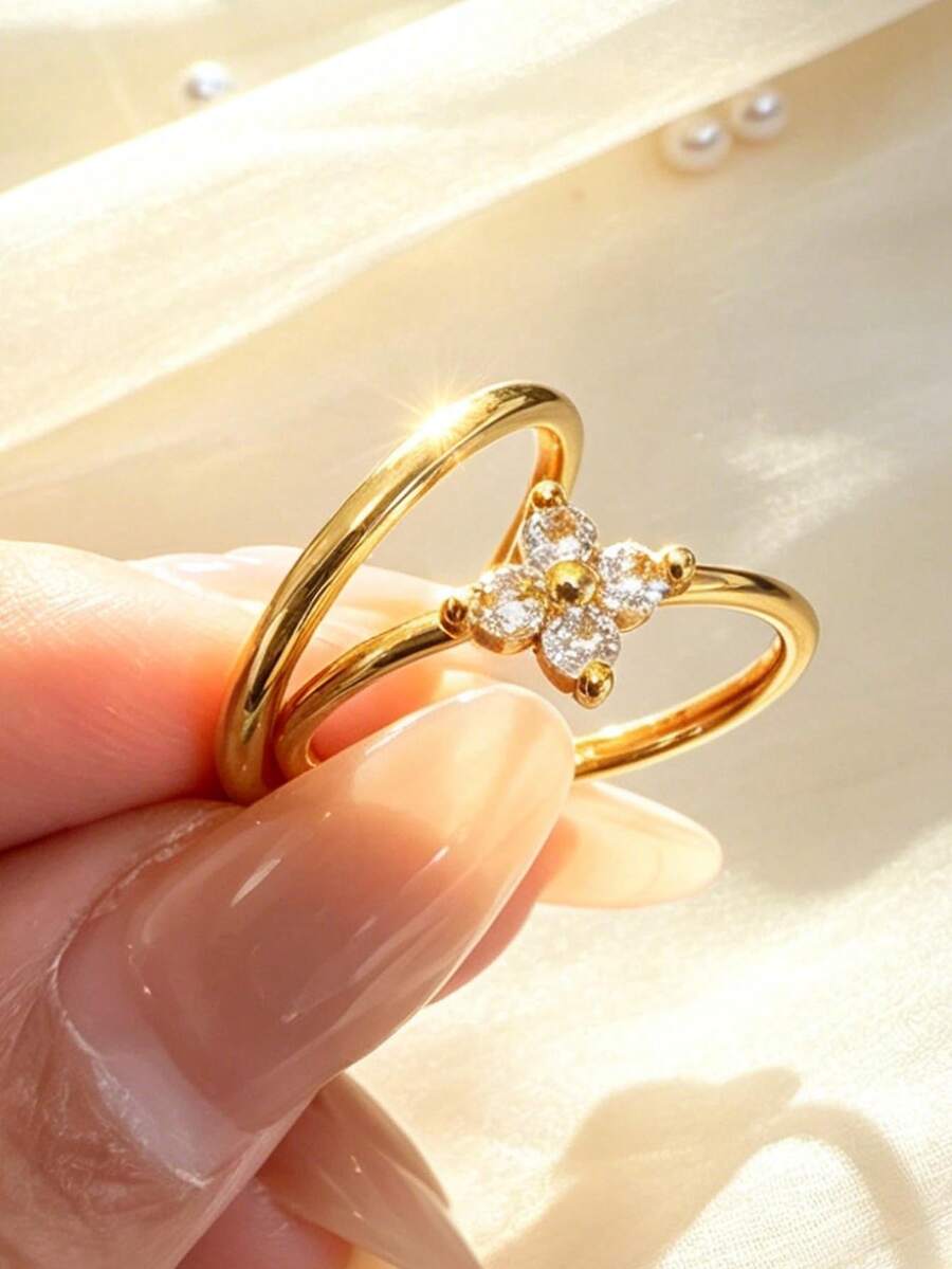 2pcs 18K Gold Plated Elegant Minimalist Floral Solid Band Rings, Versatile For Single Or Stacking Wear, Stainless Steel Durable Color, Suitable For Wedding/Engagement, Anniversary, Parties, Great Gift For Mother, Girlfriend, Wife, Valentine's Day, Mother's Day