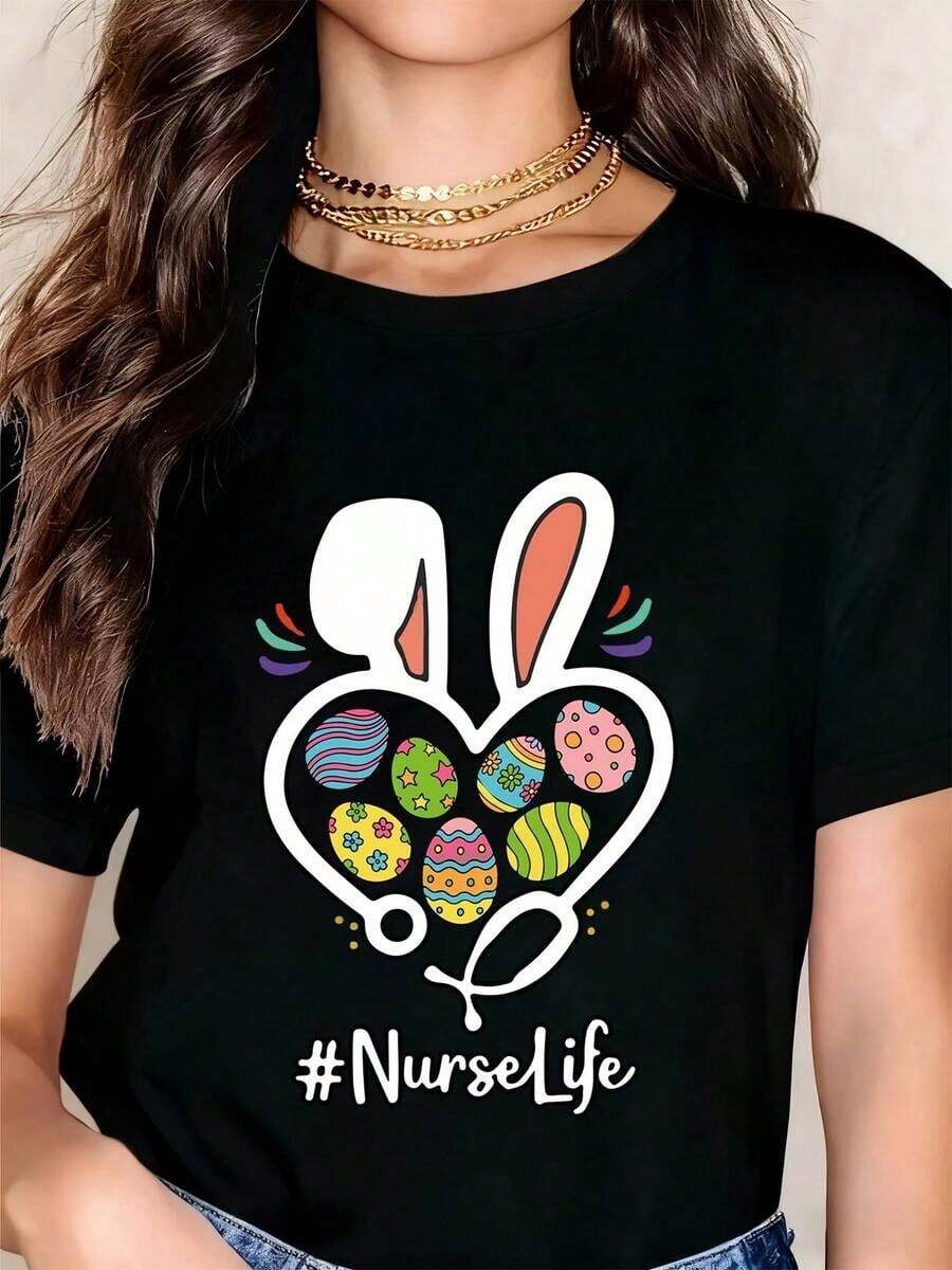 Vintage White T-Shirt With Easter Bunny Print, Heart With Colorful Eggs And Nurse Life Label To Celebrate Spring And Easter Season. - 黑色 - 查看 1