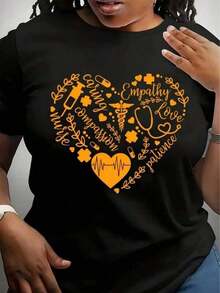 Camiseta Divertida de Enfermera con Estampado de Corazón para Mujer, Manga Corta Casual, Perfecta para el Uso Diario en la Escuela de Enfermería, Celebraciones de la Semana de la Enfermera y Exchanges de Regalos de Agradecimiento a Enfermeras - Negro - Ver 2