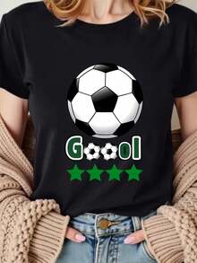 Camiseta casual de cuello redondo estampada de talla grande para mujer, camiseta de manga corta con estampado de fútbol para mujer - Atuendo para fanáticas del fútbol, top deportivo casual adecuado para entrenamientos de fútbol, partidos y uso diario, top de manga corta estampado de talla grande para mujer adecuado para el Día de la Madre, uso diario y entusiastas del fútbol. - Negro - Ver 5