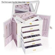 AKOZLIN - Caja de joyería extragrande de 6 niveles con espejo, 5 cajones de piel para almacenamiento de joyas para mujeres y niñas, anillo y arete, color blanco - Blanco - Ver 3