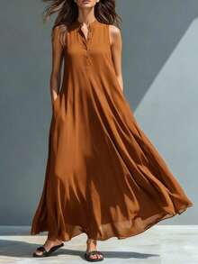 New Summer Vest Dress For Women, Casual And Fashionable Style, Lightweight Fabric, Flattering Straight Cut, Perfect For Daytime Looks, Outings And Summer Transition Looks - 棕色 - 查看 4