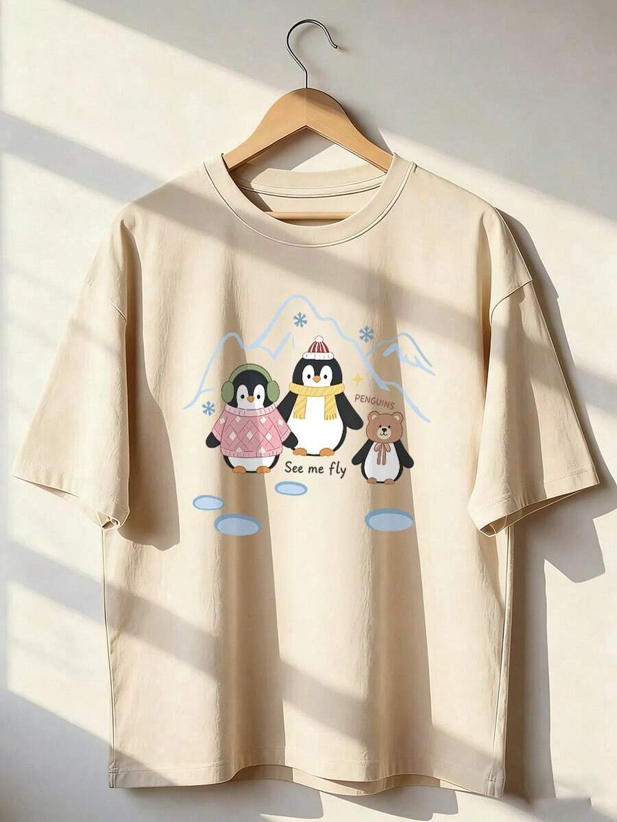 Winter Character Short-Sleeve T-Shirt, Fashionable Short-Sleeve T-Shirt For Spring And Summer 2026, Made In Mexico, 180 Grams. Cartoon Print, Couple Design, Suitable For Indoor Or Outdoor Wear. Crew Neck, Unisex, Ideal For Office And Leisure. One-Pack. - APR-P631577SLNDXZGY434 - 查看 1