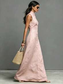 Minimalist Style Single-Neck Sleeveless Maxi Linen Dress - 粉色 - 查看 3