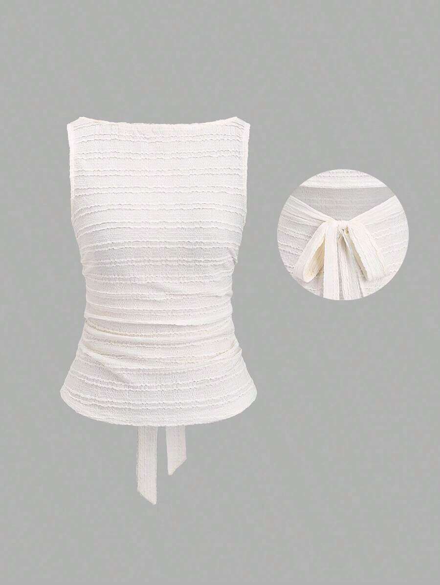 Camiseta sin espalda de unicolor casual para mujer en verano - Beis - Ver 1