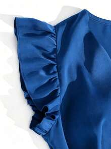 Elegante vestido azul verdoso de cuello en V francés con cintura ceñida y mangas acampanadas con volantes, cinturón con hebilla metálica, para primavera/verano, vestido elegante para damas, ropa de oficina casual, vestido de verano para mujer, vestido de longitud media, vestido de satén mate de alta gama, ropa de verano para mujer, uniforme de maestra - Azul - Ver 4