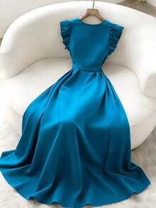 Elegante vestido azul verdoso de cuello en V francés con cintura ceñida y mangas acampanadas con volantes, cinturón con hebilla metálica, para primavera/verano, vestido elegante para damas, ropa de oficina casual, vestido de verano para mujer, vestido de longitud media, vestido de satén mate de alta gama, ropa de verano para mujer, uniforme de maestra - Azul - Ver 7