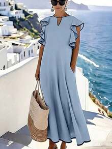 Holidaya Vestido largo de mezcla de lino color albaricoque con ribete de contraste negro, cuello en V, dobladillo con volantes, mangas oversize para mujeres - Celeste - Ver 1