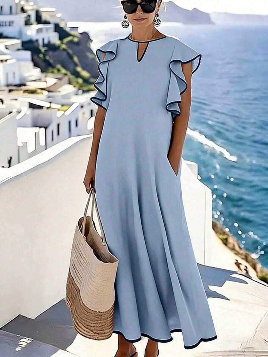 Holidaya Vestido largo de mezcla de lino color albaricoque con ribete de contraste negro, cuello en V, dobladillo con volantes, mangas oversize para mujeres - Celeste - Ver 1