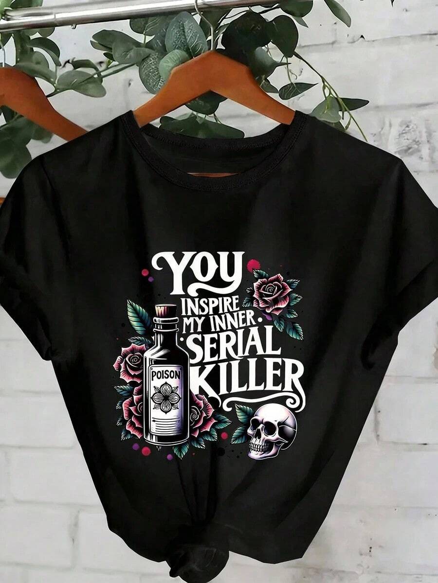 Women's Vintage Casual T-Shirt, Round Neck And Short Sleeves, With Graphic Print "You Awoke My Inner Serial Killer", Suitable For Spring, Summer And Autumn, Black. - Black - View 1