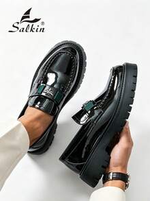 Salkin 新款时尚设计师男士一脚蹬乐福鞋，优雅绅士社交鞋，饰以蜜蜂图案，纯色柔软舒适皮革鞋面，橡胶鞋底，日常休闲鞋，厚底增高，商务正装鞋，亮黑色漆皮，适合办公室、派对、婚礼、新郎、造型师、节日礼物，春夏秋季皆宜。 - 漆皮亮黑 - 查看 2