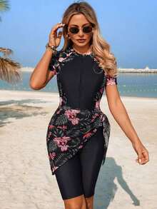 Swim  Set de 3 piezas: Blusa de manga corta con estampado, shorts y cubre-todo para mujeres de Oriente Medio - Multicolor 3 - Ver 3