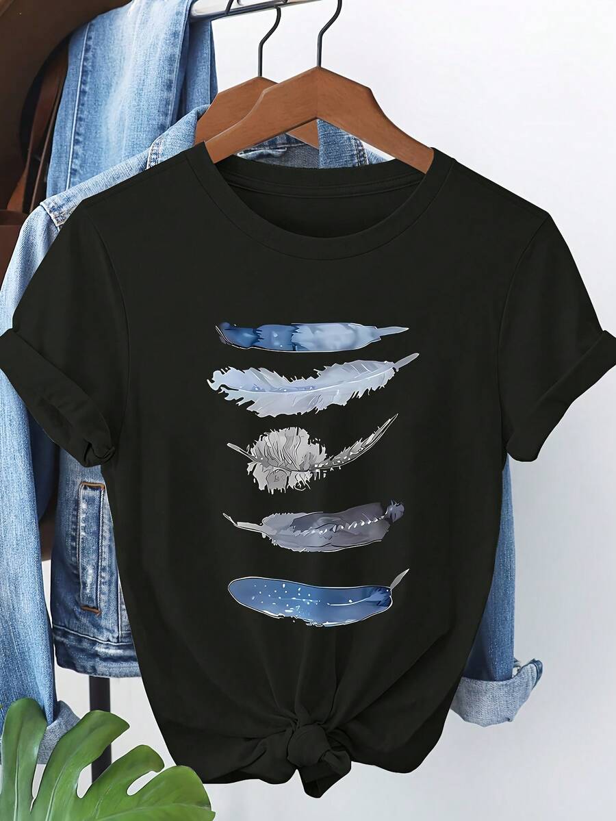Camiseta Casual de Manga Corta para Mujer - Estampado Artístico con Detalle de Lazo, Rosa Claro y Azul/Gris, Cuello Redondo Regular para Primavera Verano Otoño, Diseño de Mangas Atadas, Tejido Suave - Negro - Ver 1