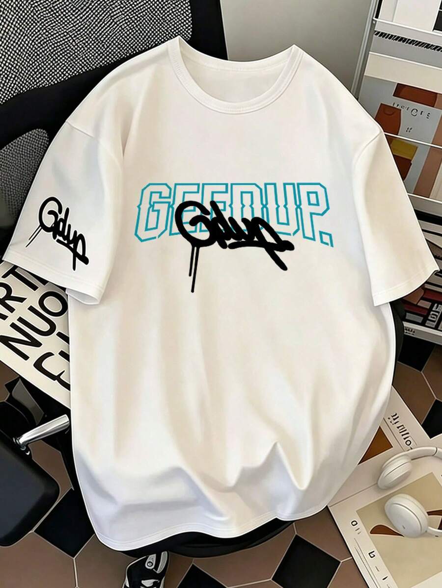 Áo thun nam cỡ lớn in chữ "Geedup", cổ hình trái tim, tay ngắn, kiểu dáng thường ngày, thích hợp cho mùa xuân/hè và ngày Valentine. - trắng - Xem 1