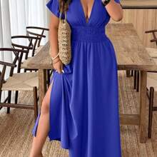 Clasi Plus Size Women Deep V-Neck Solid Short Sleeve Ruched Waist Sexy Vacation Dress - azul real - Ver 1