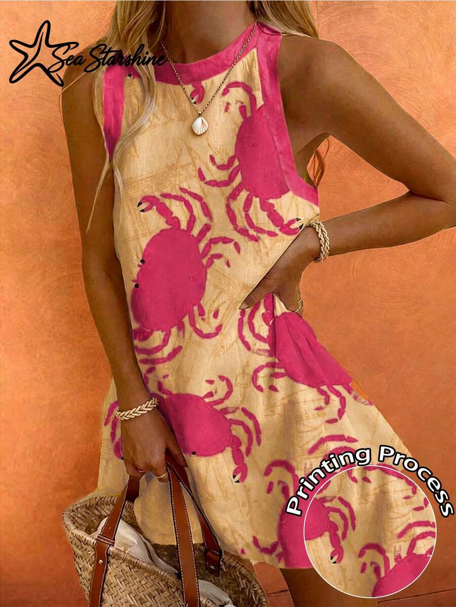 Vestido elegante y sexy sin mangas con estampado aleatorio de cangrejo amarillo, adecuado para fiestas de primavera y otoño - Rosa - Ver 1