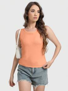 Speed mate Women's Long Casual Round Neck T-Shirt, Loose Side Basic Top, Spring/Summer Sports - Orange - View 4