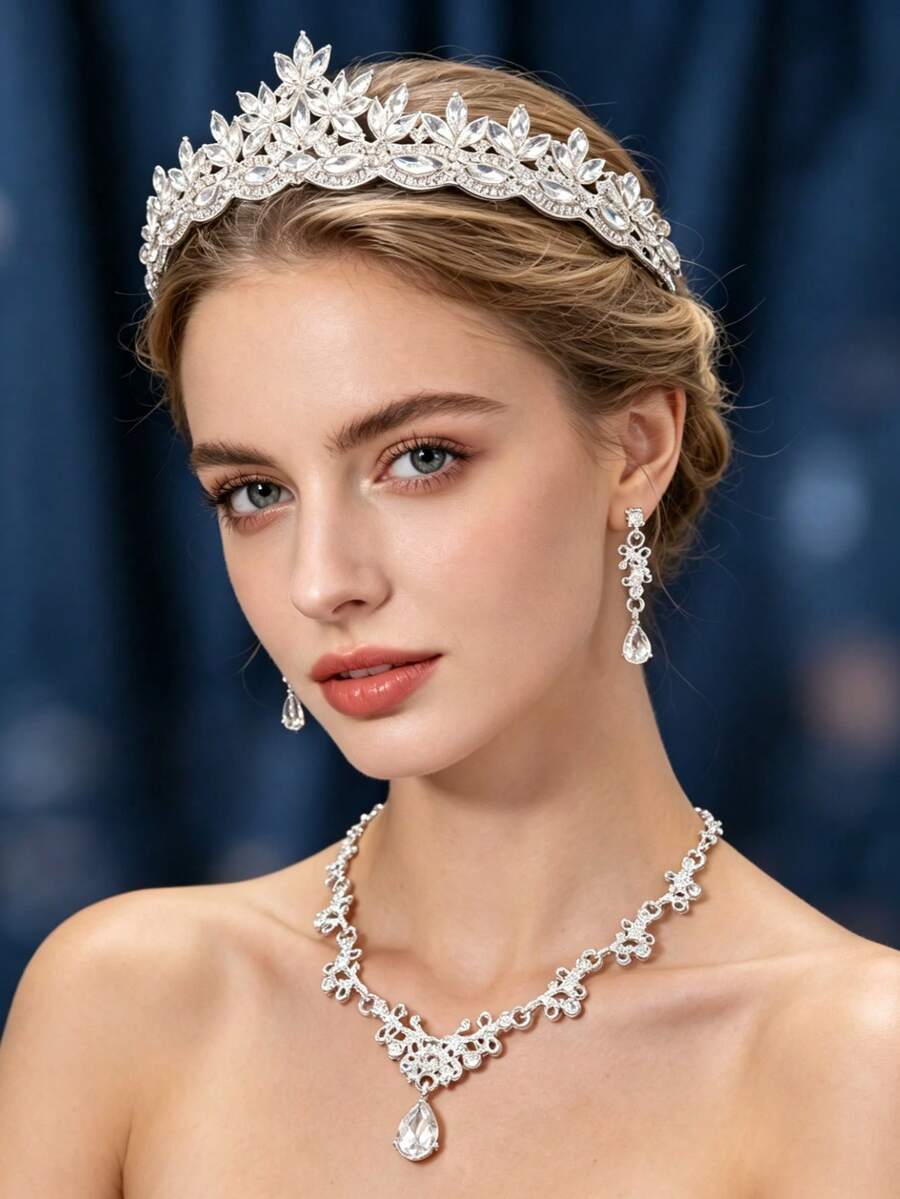1/3/4件套奢华水晶女王头饰及珠宝套装 - 锌合金皇冠、水晶项链和耳环，适合女性婚礼、礼服及各种场合佩戴 - 銀色 - 查看 1