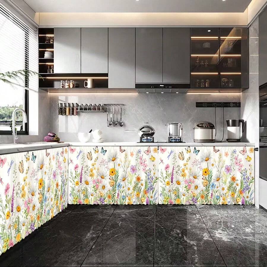 1pc Colorful Wild Flower & Butterfly Print Polyester Short Plush Tablecloth, Convenient Hanging Curtain For Kitchen Cabinet, Ideal Home Decor For Kitchen, Laundry, Storage Cabinets, Also Suitable For Window Curtains - Multicolor - View 1