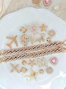 Fashionable Girl's Jelly Shoes Charms Set - Bow, Dollar Sign, Star & Flower Decor, Shiny Hole Punch Shoe Accessories - Gold Powder Dancer Chain Set - View 4