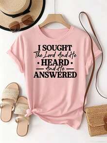 Printed With The Text Pattern "I Sought The Lord, And He Heard Me And Answered Me". Women's Casual Everyday Crew Neck Short-Sleeve Fashion Sports T-Shirt With Printed Pattern, Comfortable To Wear; Women's Pink Short-Sleeve Top - 粉色 - 查看 12