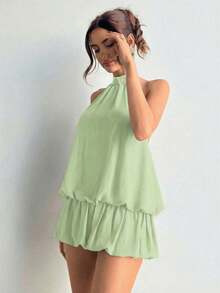 casual de verano para mujer con cuello halter, unicolor y volantes en el bajo - verde menta - Ver 4