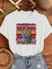 [Camiseta Vibrante con Estampado de Cactus] Camiseta Casual Retro Occidental para Mujer, Estampado de Cactus, Manga Corta, Cuello Redondo, Ajuste Cómodo, Uso en Todas las Temporadas, Blusas - Blanco - Ver 7