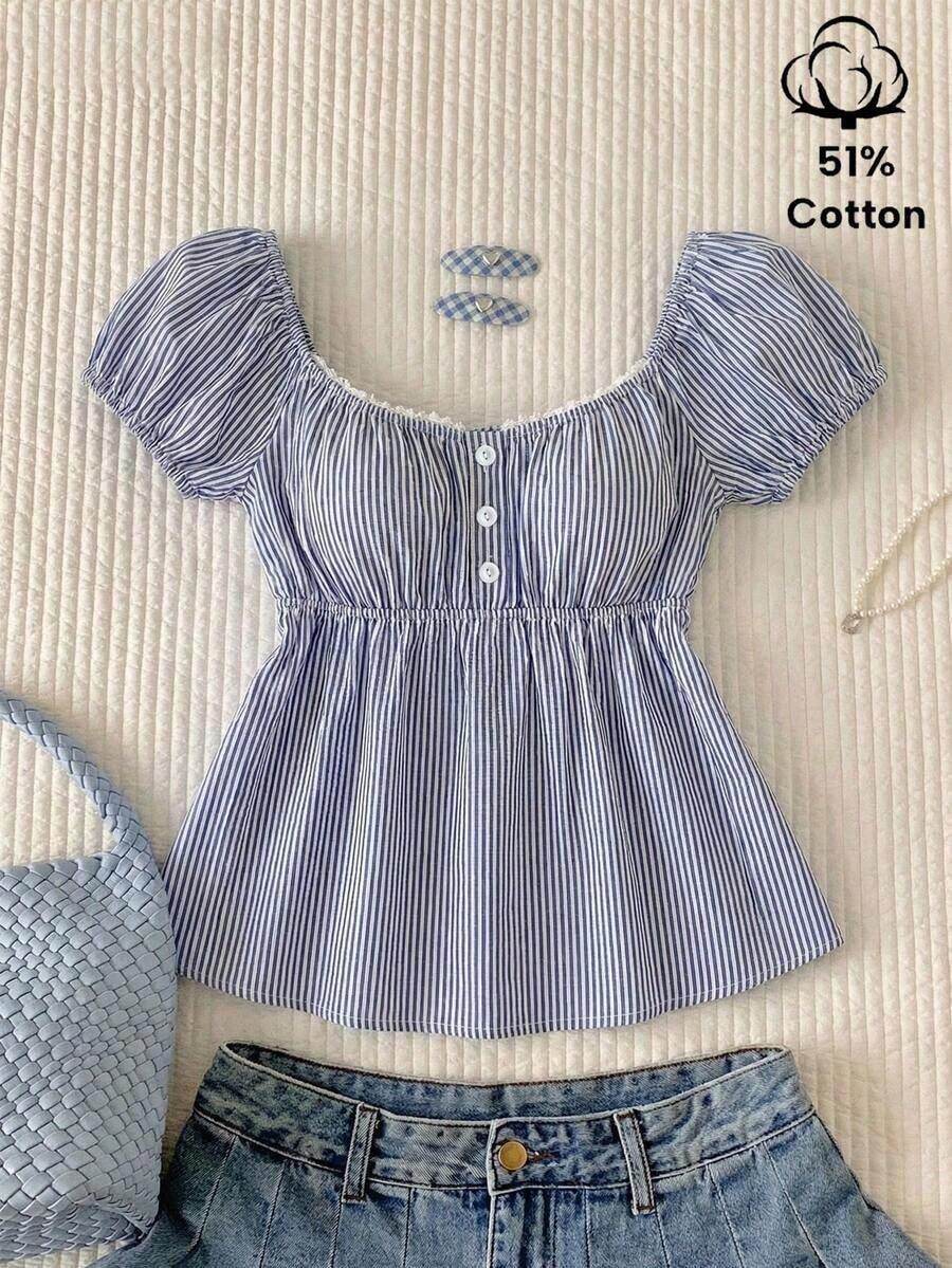 Blusa de manga corta con estampado de lunares y cuello cuadrado cómoda para mujer - Azul 2 - Ver 1