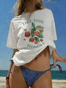 Camiseta de Verano para Mujer con Estampado de Fresas y Vitamina C, Cuello Redondo, Manga Corta, Estilo Casual, Color Blanco  blusas para mujer ropa - Blanco - Ver 4