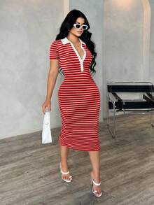 Vestido polo de manga corta a rayas blanco y negro de estilo minimalista y casual para ir al trabajo, vestido de punto de media longitud con ajuste ceñido y gran elasticidad, vestido elegante francés - Rojo - Ver 4