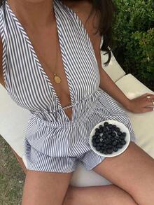 - Mono Sexy Azul a Rayas con Escote en V Profundo, Espalda Descubierta y Estilo Halter, Moda Europea y Americana, Elegante para Vacaciones - Gris Oscuro - Ver 4