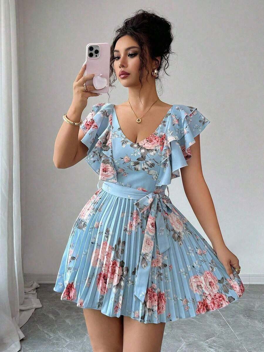 Vestido elegante y romántico para vacaciones con cuello en V con volantes, cintura ceñida y estampado de lunares en forma de línea A para mujeres - Multicolor 6 - Ver 1