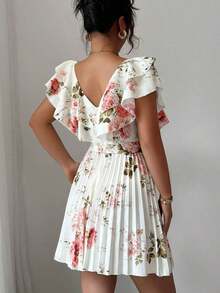 Vestido elegante y romántico para vacaciones con cuello en V con volantes, cintura ceñida y estampado de lunares en forma de línea A para mujeres - Multicolor 11 - Ver 2