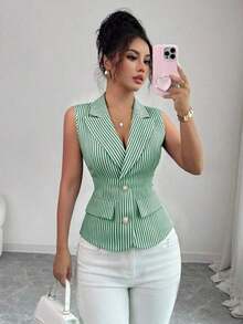Blazer delgado y versátil de mujer con solapa, botones frontales y sin mangas a rayas - Verde - Ver 2