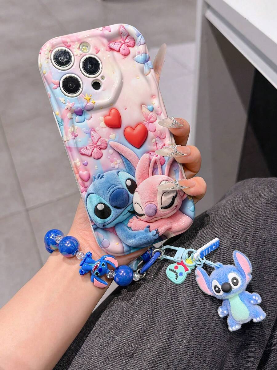 Disney Has Authorized, Phone Case - Chain Set, The Stitch Lilo & Stitch 3D Phone Case Plus A Silicone 3D Stitch Bracelet With Metallic Ring Removable Bracelet, Stitch And Angel Pattern, Compatible With Iphone17/16/15/14/13/12/11/XS/XR/X Plus Pro Max, A Stylish Cartoon Phone Case, The Perfect Gift Choice, Phone Protection, Durable Phone Cover, Great Gift For Friends And Family. - 白色 - 查看 1